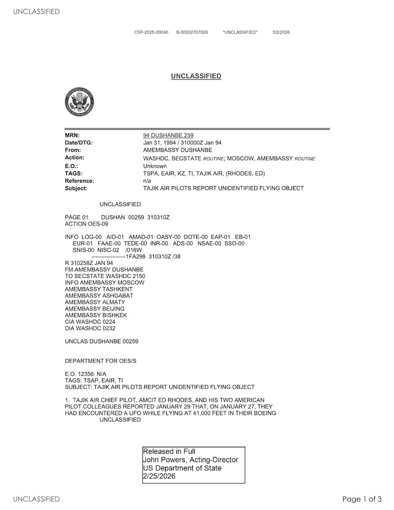 State Department UAP Cable 2, Kazakhstan, January 31, 1994